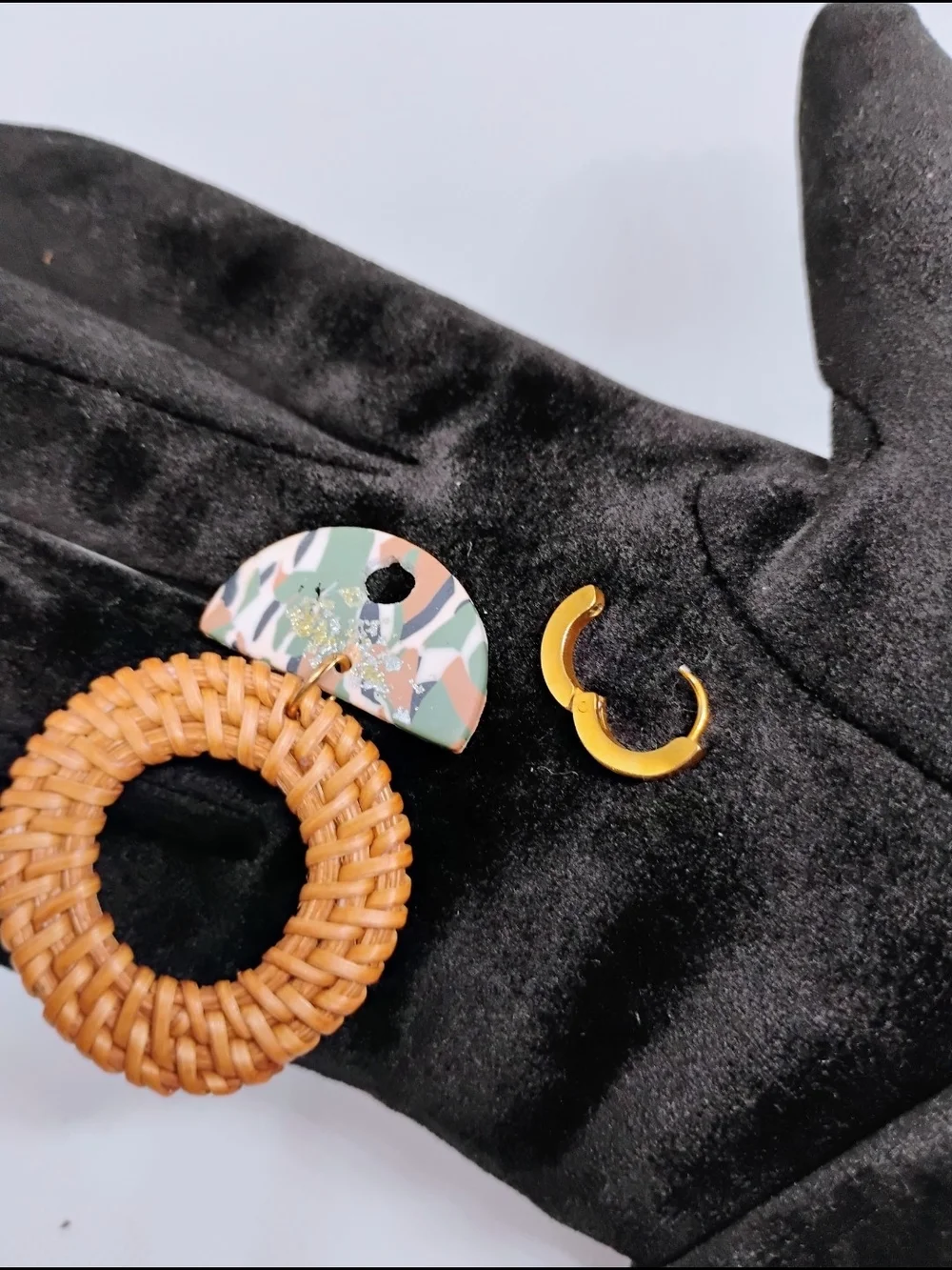 Handcrafted Green Pattern & Tan Woven Hoop Drop Earrings